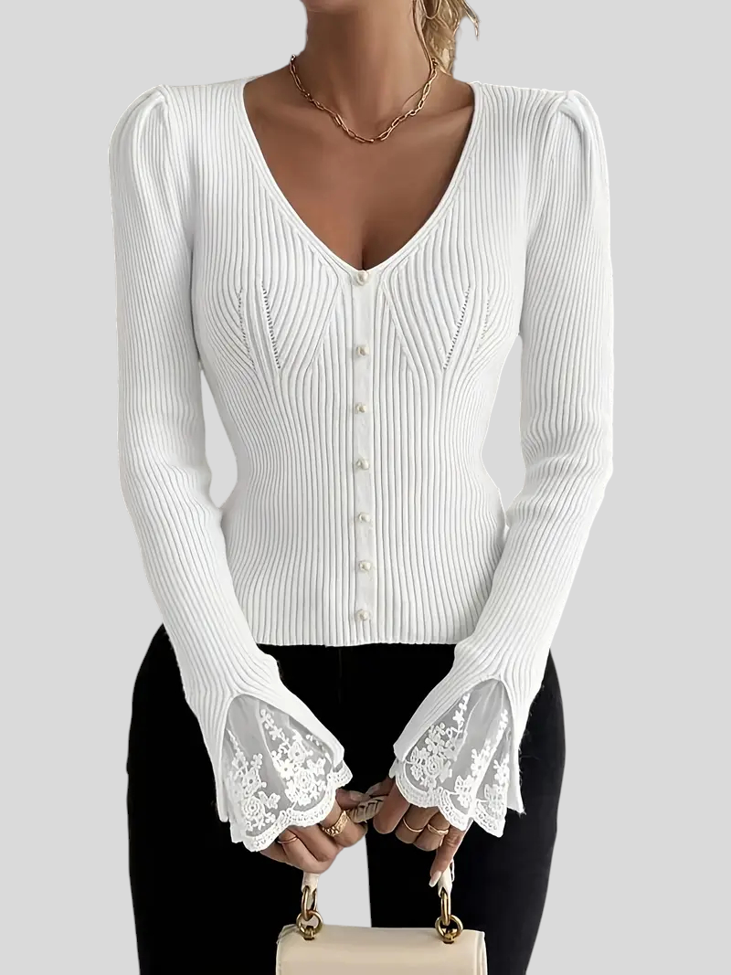 Zoja - Rebrasta Majica S V-Izrezom I Čipkastim Rukavima