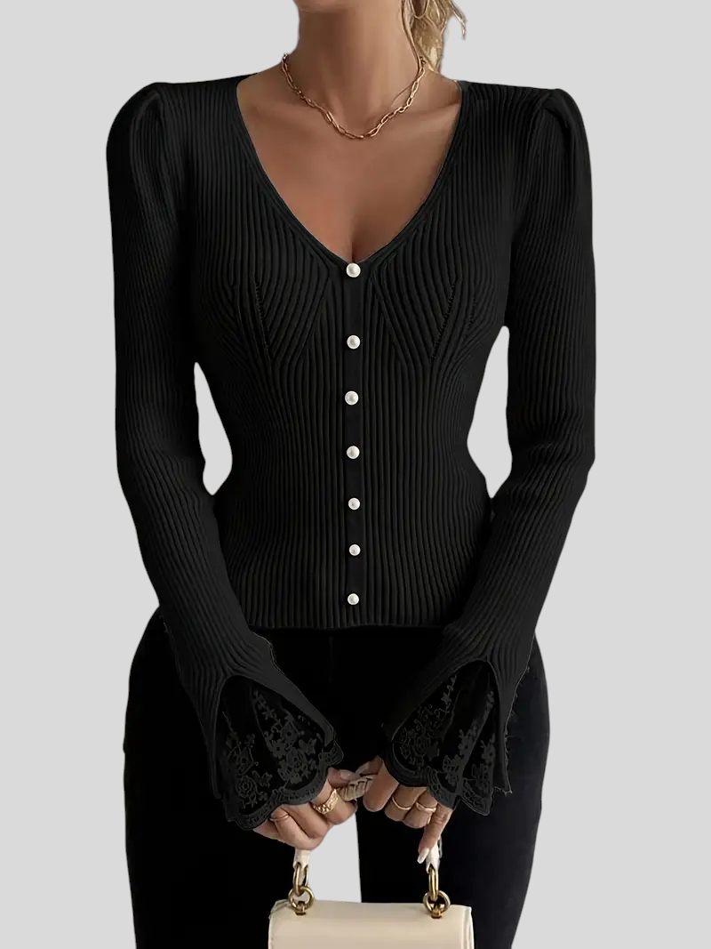 Zoja - Rebrasta Majica S V-Izrezom I Čipkastim Rukavima