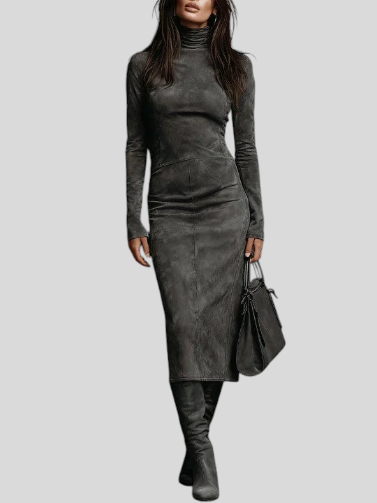 Ilaria – Midi Haljina Od Brušene Kože S Visokim Ovratnikom I Dugim Rukavima