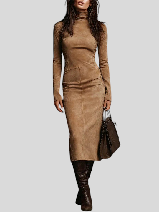Ilaria – Midi Haljina Od Brušene Kože S Visokim Ovratnikom I Dugim Rukavima