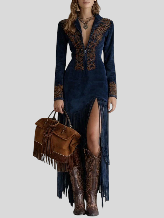 Brigita - Izvezena Maxi Haljina Od Umjetne Brušene Kože S Polovičnim Patentom