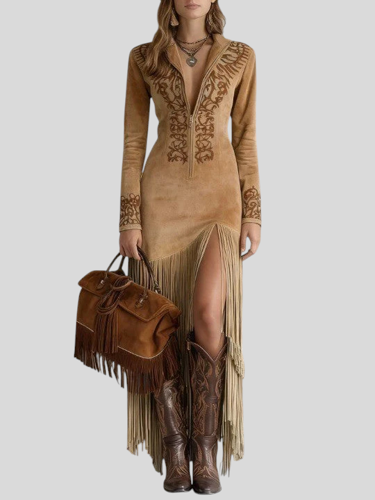 Brigita - Izvezena Maxi Haljina Od Umjetne Brušene Kože S Polovičnim Patentom